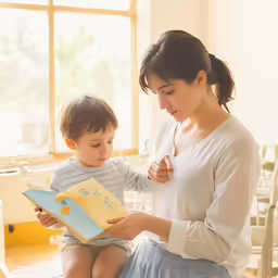 a woman sitting next to a small child with an open book