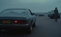 cars drive along a highway as a man watches