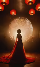 a woman dressed in long red gown standing by a window