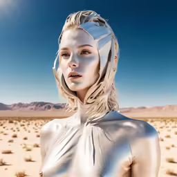 a woman wearing a futuristic silver outfit standing in an arid desert