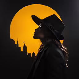 the silhouette of a woman with a hat standing in front of a yellow background