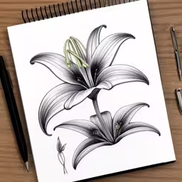 a picture of a flower in black ink,there is a drawing of an ornate flower,some flowers and pens on a table,the pencils are on the table near a drawing of flowers,there is a picture on the notebook that is drawing flowers