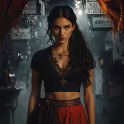 the girl stands in an underground area near a hanging light