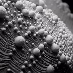 a black and white photo with various white balls on it