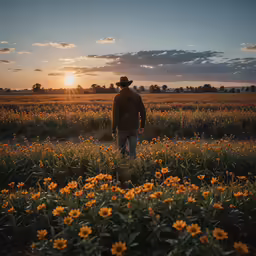 a man standing in a field at sunset