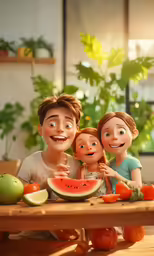 a family posing for the camera in front of a watermelon table