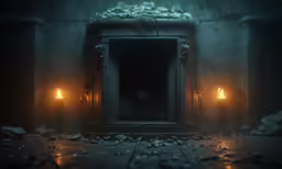 a doorway with candles on both sides and a man looking out the door