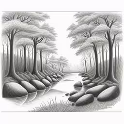 pencil drawing of a river in the woods