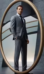 the man in a grey suit stands behind an oversized round object