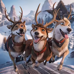 the three reindeers are riding down the hill
