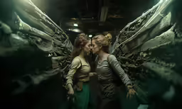 two young women in winged dresses kiss