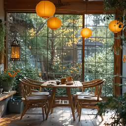 a table with chairs and lanterns hanging from the ceiling