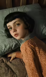 a young girl wearing a sweater laying in bed with her arms folded out