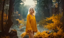 a girl stands on a dirt path in a yellow outfit