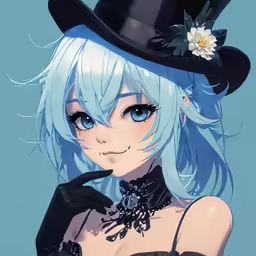a woman with blue hair and a top hat