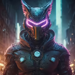 a demonic creature wearing armor with purple eyes in a city