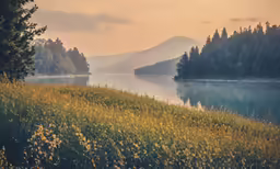 beautiful scenery overlooking lake on the far side of forest