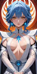 a female with blue hair, wearing white clothes and holding a sword
