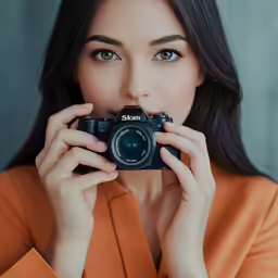 a woman holding a camera to her face