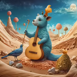 the small blue bear is holding an acoustic guitar