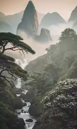 mountains covered in fog and trees in the background