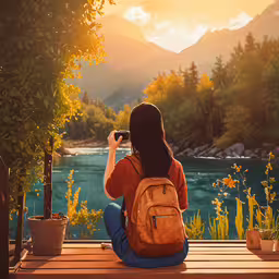 a woman sitting on a bench looking at the water,a person sitting on a bench taking pictures