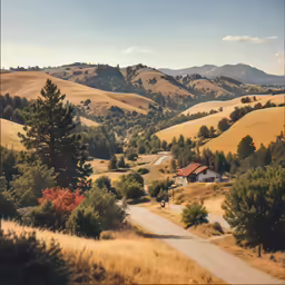 a rural scene with a dirt road on the side