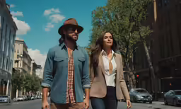 man and woman walking on the sidewalk in a downtown city