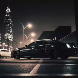 black sports car parked next to another cars on a road