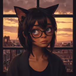 a beautiful young lady wearing glasses sitting in front of a window