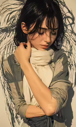 a woman in a scarf poses on a wall