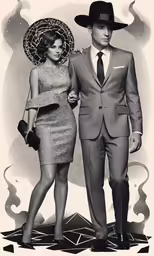 a man and woman in hats and dresses posing together