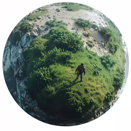 a man is on a green hillside in front of a huge mountain