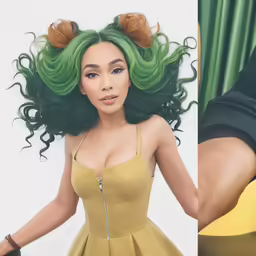 woman with green hair in top and yellow dress