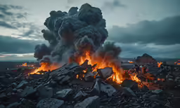 large black smoke and rocks in an open field