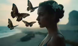 the woman has a butterfly crown on her head