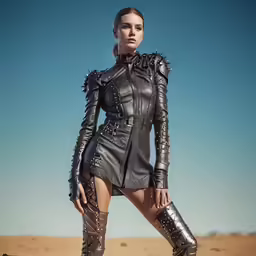 a girl in a leather outfit poses for a photograph