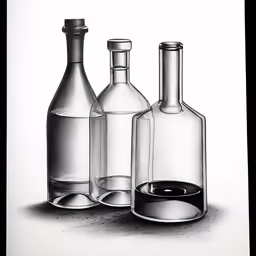 two bottles and one is empty and has a glass in front