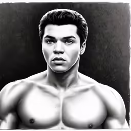 man with muscular body poses for camera in black and white