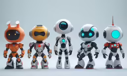 five robots are standing next to each other