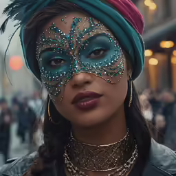 a woman wearing a green masquerade and head piece