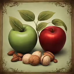 two apples and walnuts and green leaves are on a table