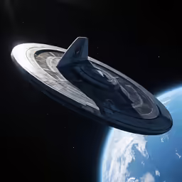 a futuristic ship flying near a blue planet
