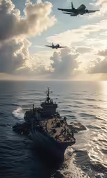 a military ship with an air plane flying over it