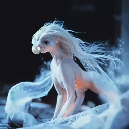 a small doll with white hair sitting on a cloth
