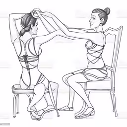 two women in lingerie sitting on chairs, one stretching herself up,a woman is doing the splits in front of a mirror with another woman on a chair