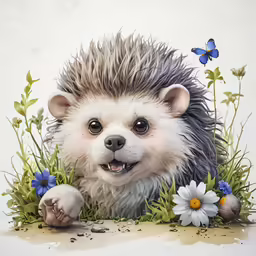 a hedgehog with flowers around it and butterflies around it