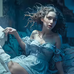 a woman is sitting on a bed, in the air