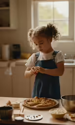 a little girl with a apron putting toppings on a pizza