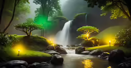 an artistic painting shows lights reflecting off of the water